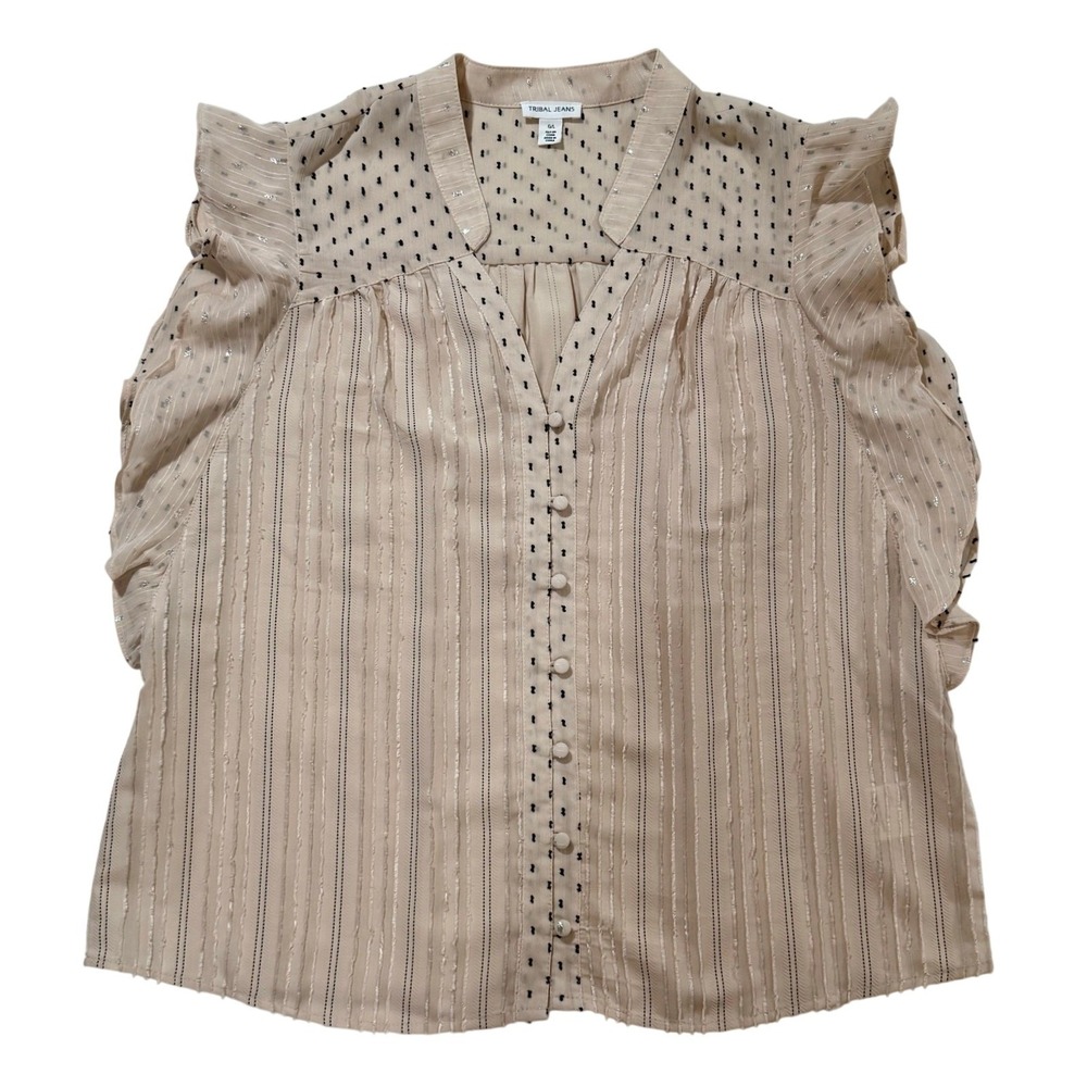 Tribal Jeans Womens Beige Striped Clip Dot Ruffle V-Neck Blouse Size Large W40